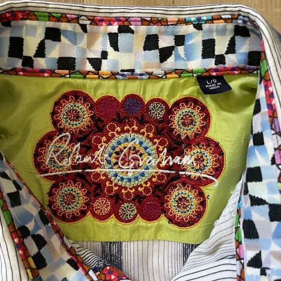 Robert Graham Mens Large Blue White Multi Stripe Long Sleeve Shirt Cotton EUC - Picture 2 of 6